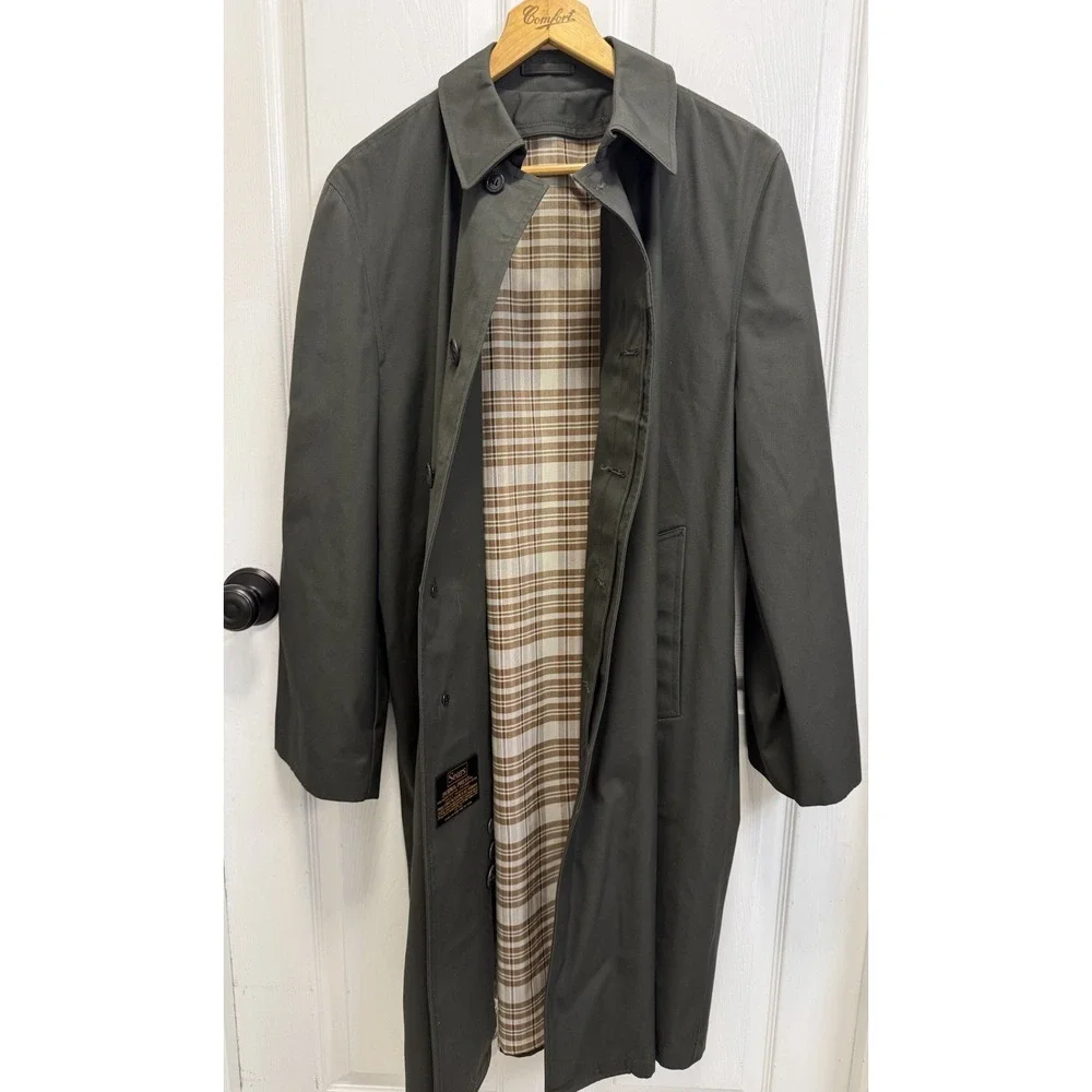 Vintage SEARS Perma Prest Trench Coat Hunter Green Button Liner Men's 40 USA 70s